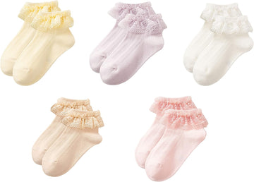 Toddler Girls Ruffle Lace Trim Cotton Socks Eyelet Frilly Dress Socks Pack
