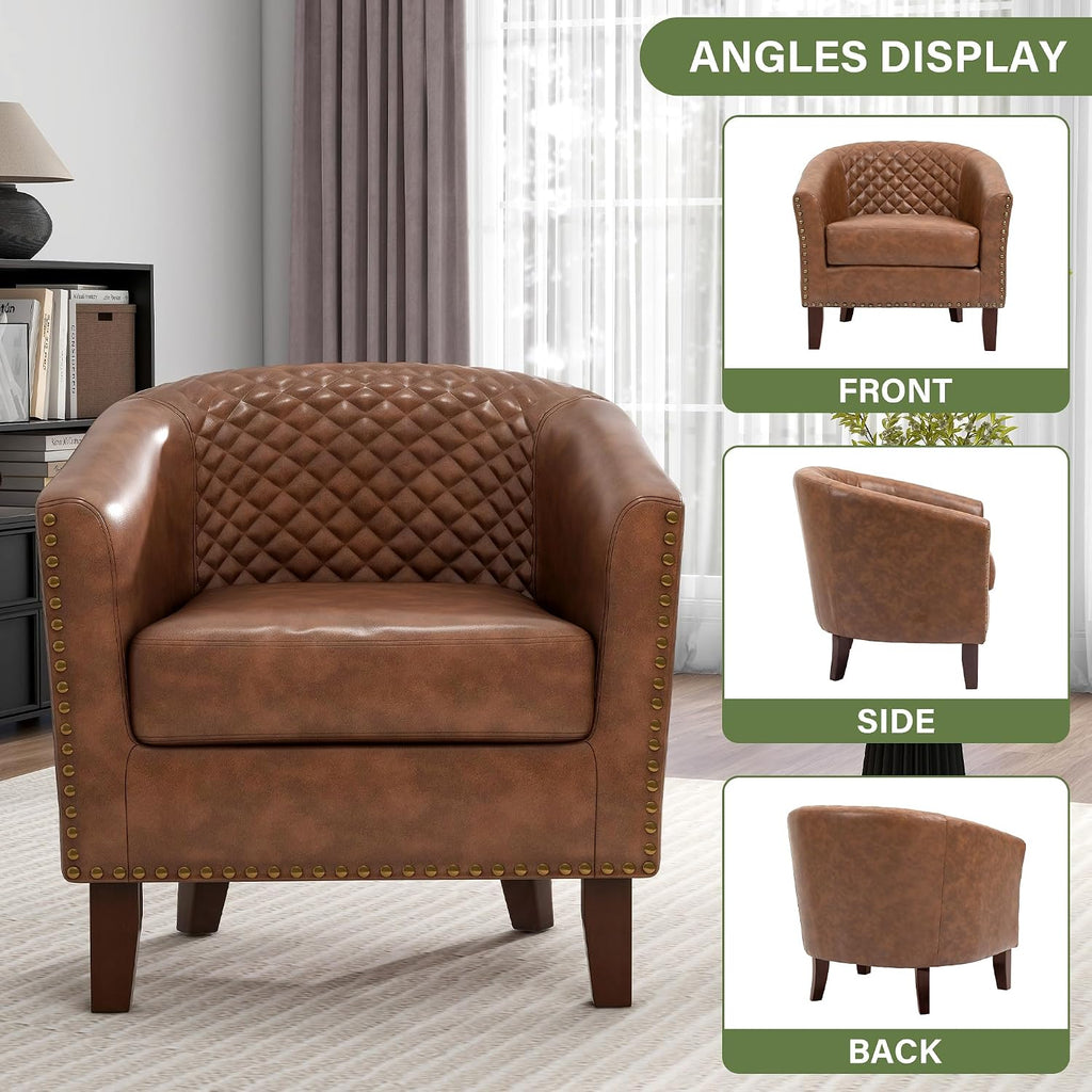 PU Leather Barrel Accent Chairs, Upholstered Armchair, Brown - Set of 2