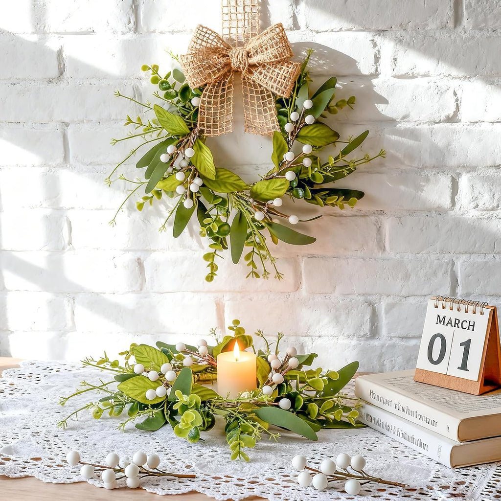 Spring Summer Eucalyptus Kitchen Cabinet Wreaths Small Artificial Green Eucalyptus Leaf Wreath for Front Door - Set of 6