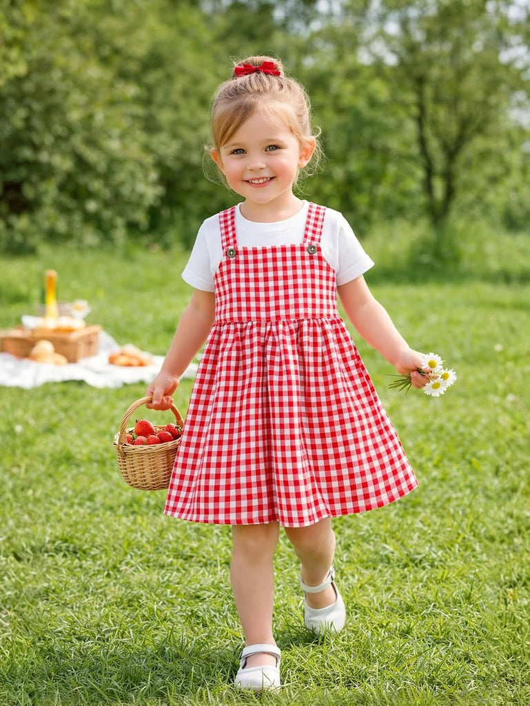 Girls Dress Set 2pc Pinafore Suspender Dress Outfit with Cotton Tees Summer Casual Play Dress