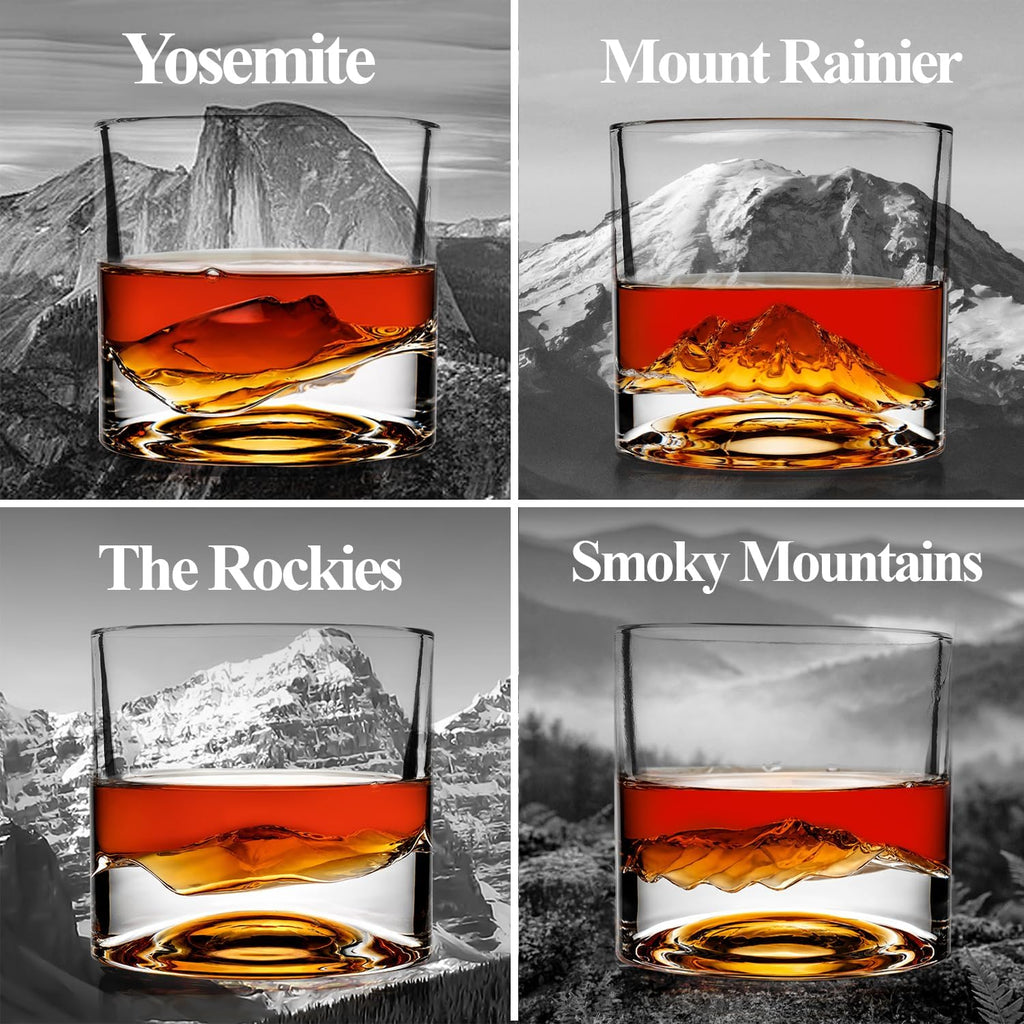 Fathers Day Whiskey Glasses for Dad, American Peaks Set of 4, Thick Heavy Crystal 3D Mountain Bourbon & Cocktail