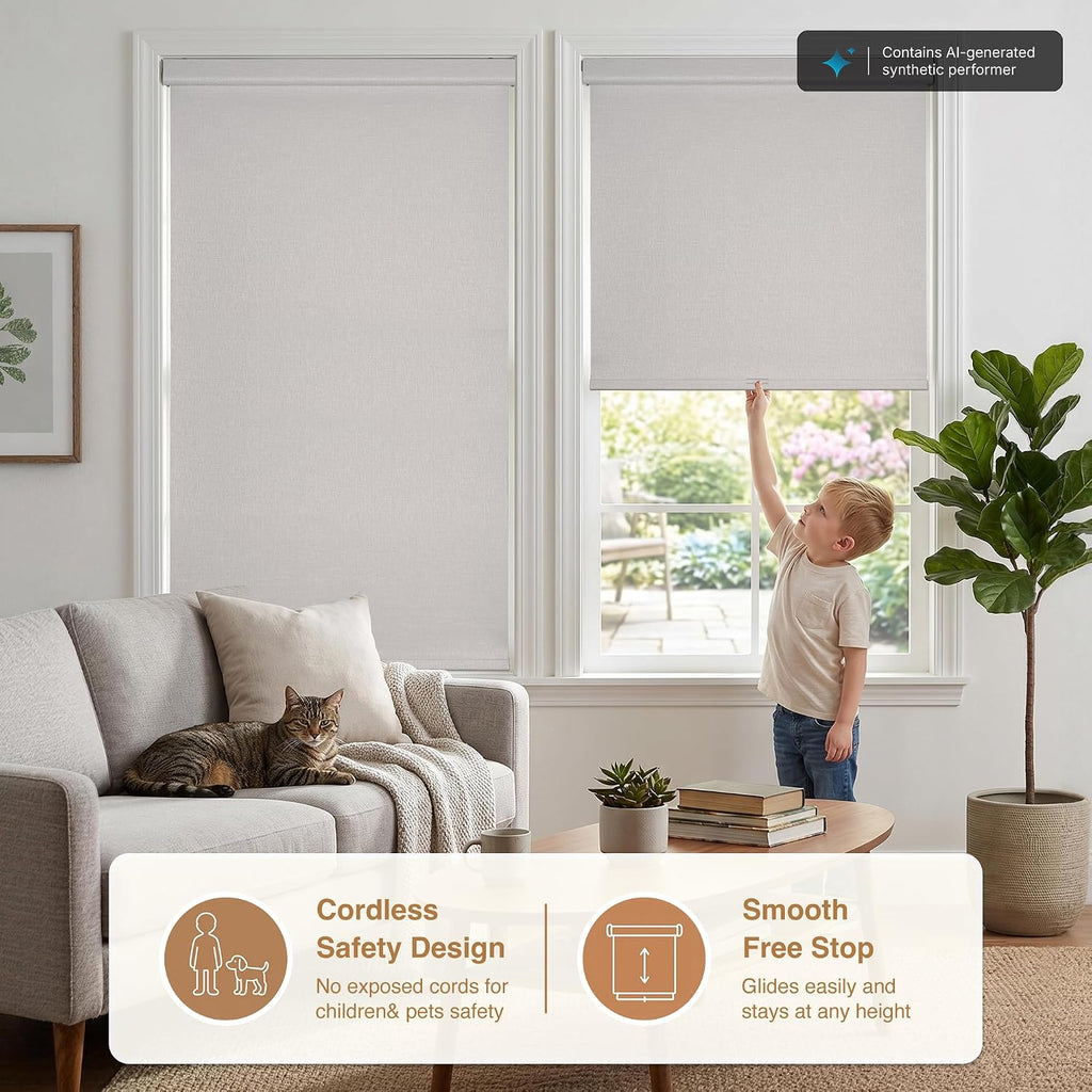 No Drill Cordless Blackout Roller Shades, Grey, 22.5" W x 54" H | Thermal Insulation, UV Privacy Protection, Easy