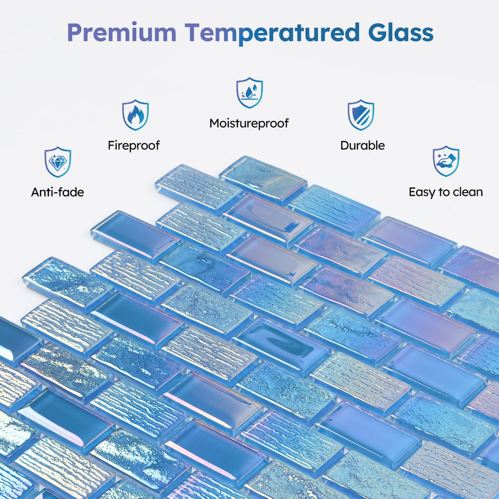 Pool Glass Mosaic Tiles, Iridescent Blue, 1x2 Inch Brick, 5 Sheets