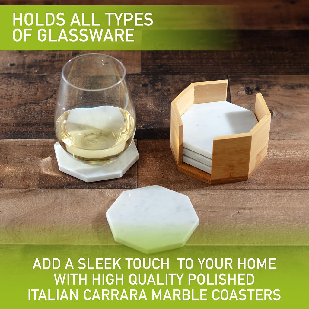 White Carrara Marble Tabletop Coasters with Storage Holder - Set of 5