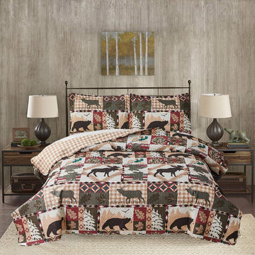 3 Pcs Reversible Rustic Quilt Set Size Moose Bear Bedspread Lodge Bedding Plaid Themed Cabin Coverlet