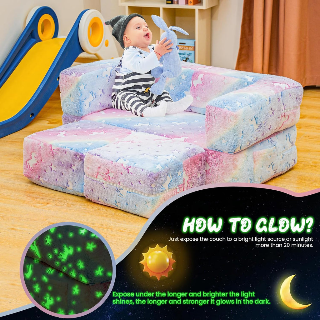 Modular Kids Play Couch, Glow in The Dark Kids Play Couch Toddler Couch,Kids Couch for palyroom, Convertible Baby