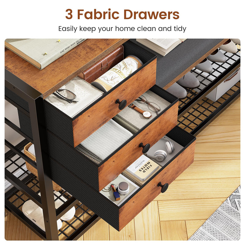 Coat Rack, Hall Tree with Bench and Shoe Storage, 7-in-1 Entryway Bench with Soft Cushion, Storage Bag, 3 Fabric
