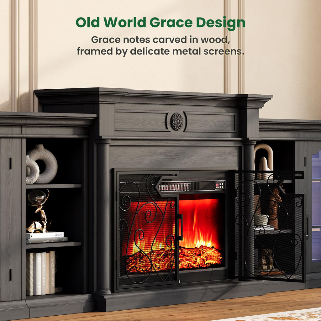 136" Fireplace TV Stand with Metal Screen, 5-in-1 Modular Design, Black