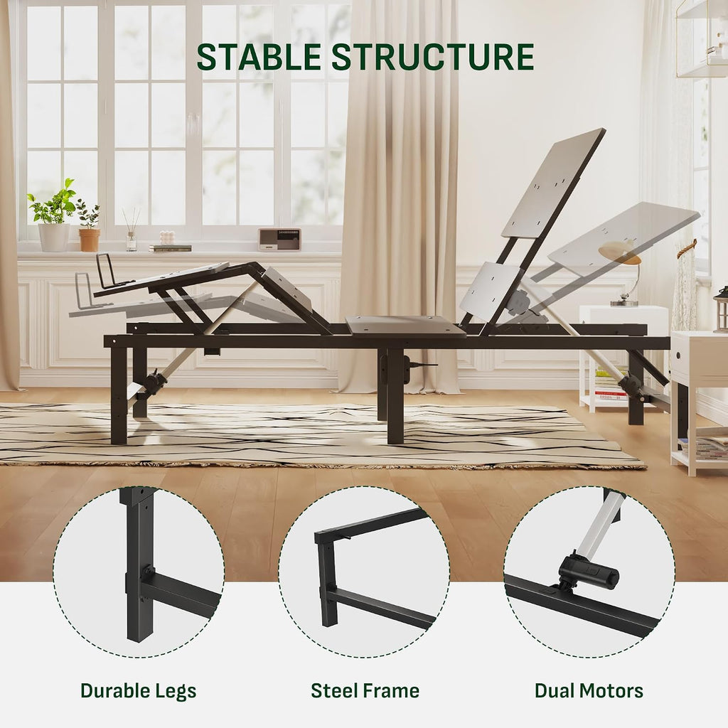 Split King Adjustable Bed Frame, Zero Gravity, Independent Head & Foot Incline, Wireless Remote, Memory Position, 900