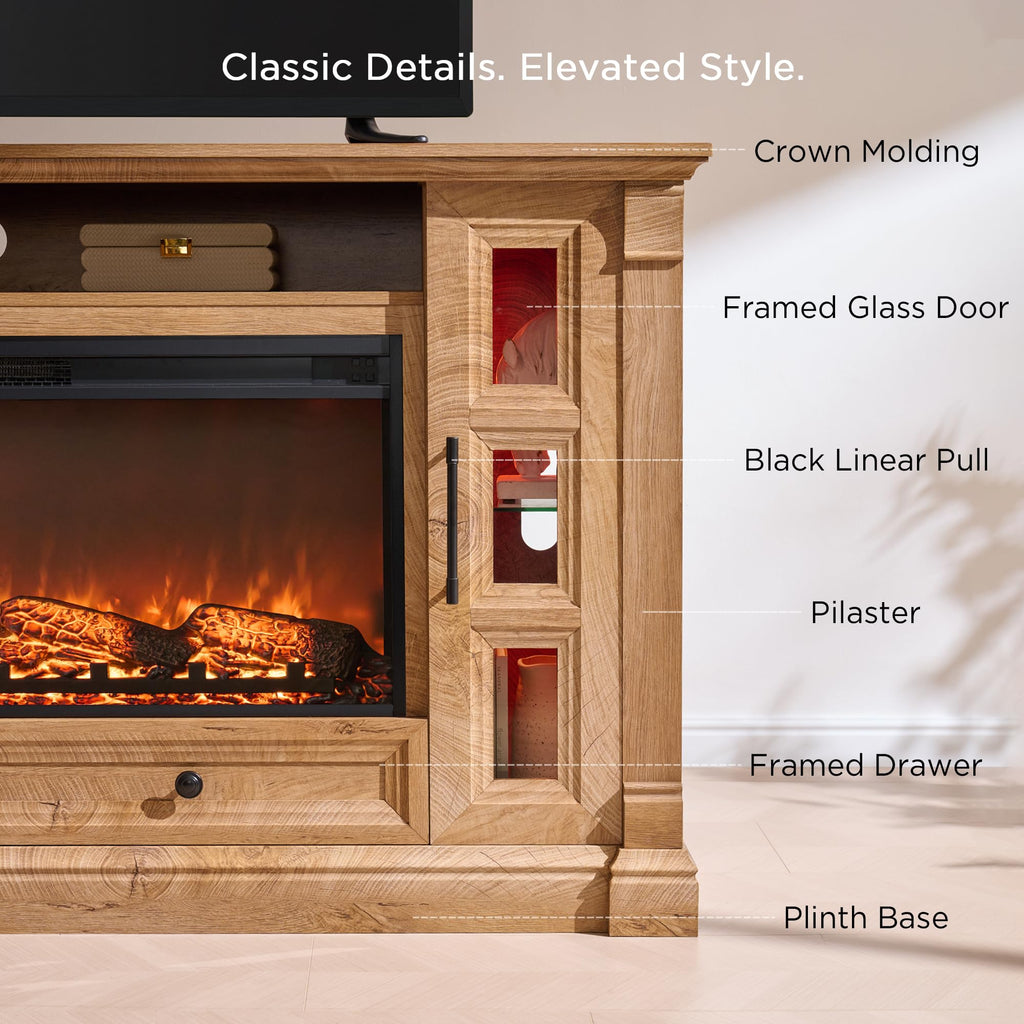 70" Farmhouse TV Stand with 42" Electric Fireplace, Light Knotty Oak
