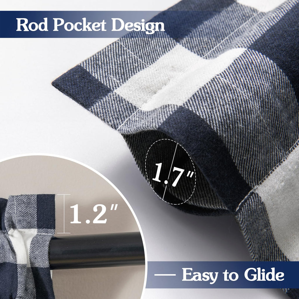 Buffalo Check Plaid Curtains Farmhouse Gingham Style Cotton Texture Rod Pocket Semi Curtain Drapes, Navy, 52 x 84