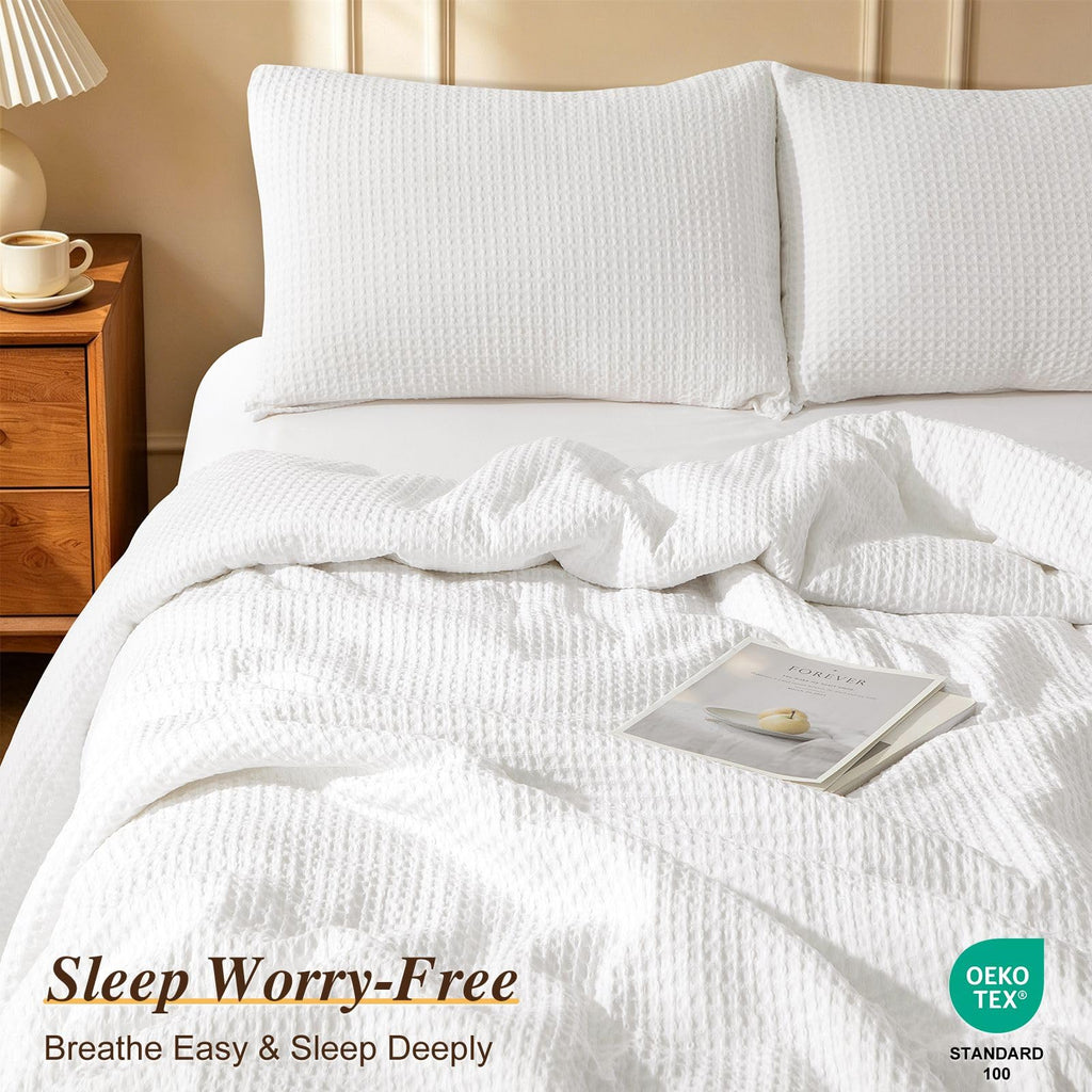 Waffle Weave Comforter Set, Cozy Breathable 100% Cotton Shell