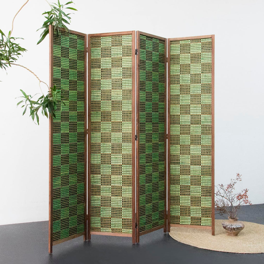 4 Panel Room Divider Screen and Folding Panel Screen, Double Sided Bamboo Divider for Room Separation, Emerald