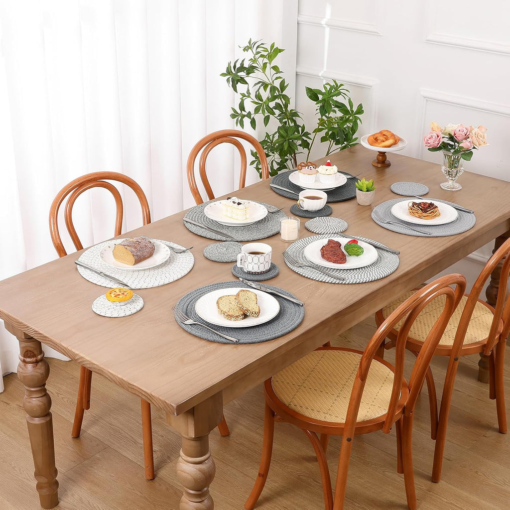 Woven Rope Round Placemats with Coasters, 13inch + 5.2inch - Set of 6
