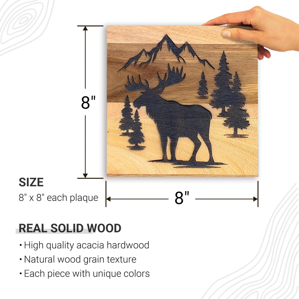 Real Wooden Cabin Wall Decor with Bear Deer & Moose, Set of 3