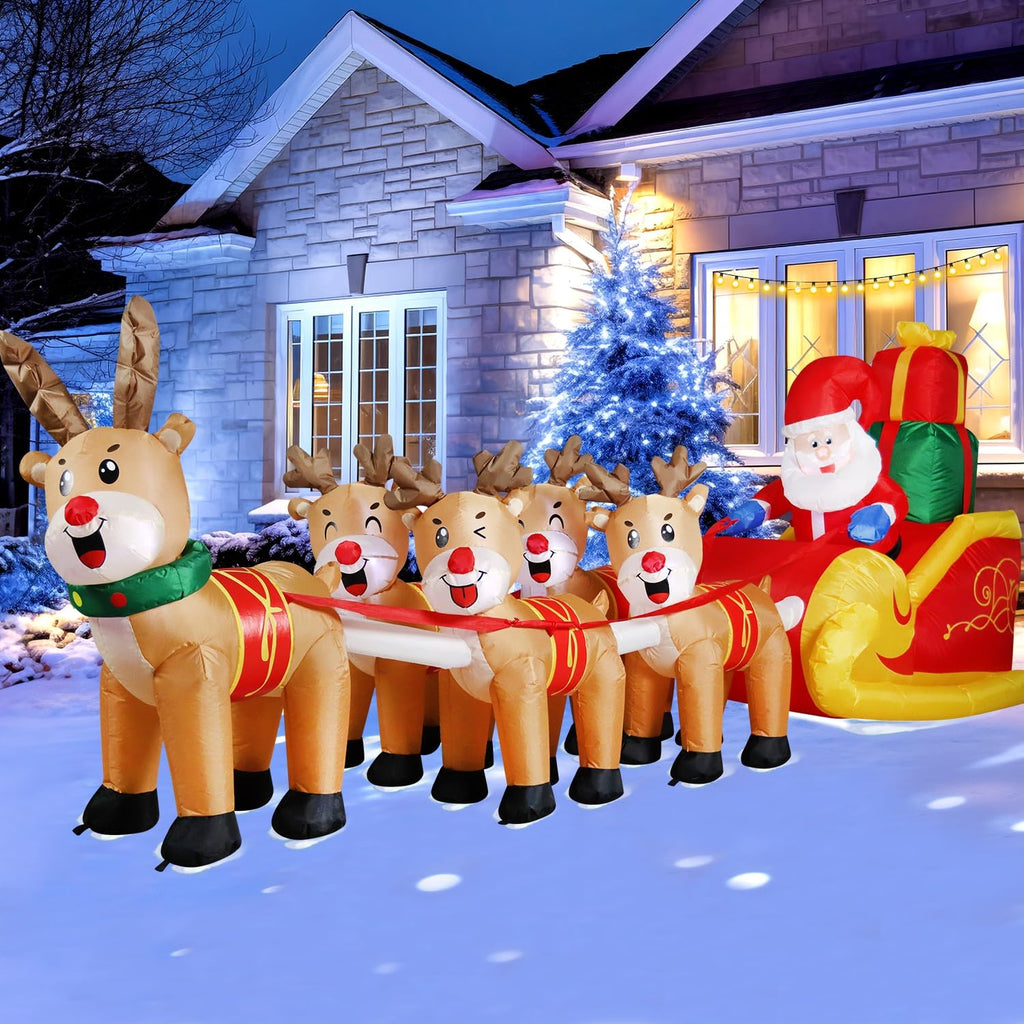 12 FT Christmas Inflatable Outdoor Santa Claus on Sleigh with Five Reindeer, Building LED Lights, Blow Up Yard