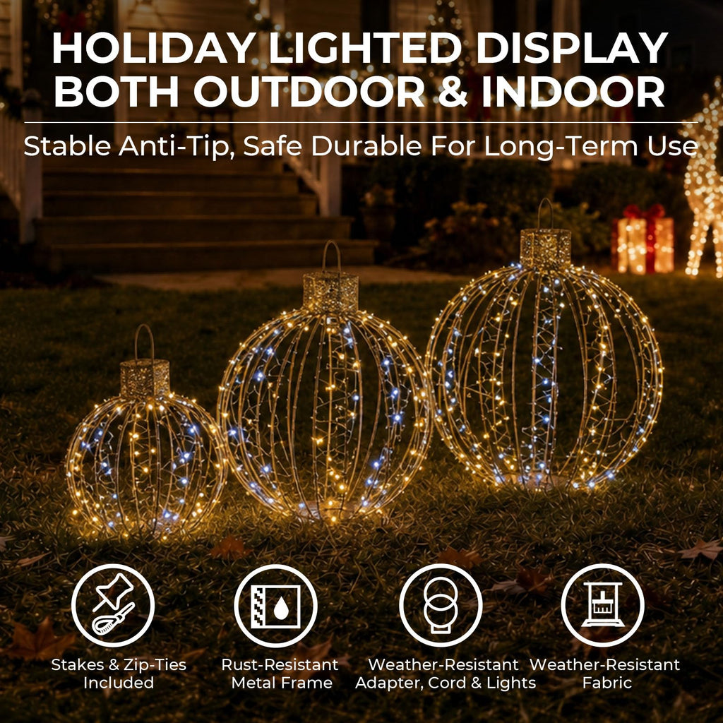 3-Piece Large Lighted Balls Outdoor Christmas Decorations Light Balls Outdoor Hanging Christmas Twinkle Ornaments Set