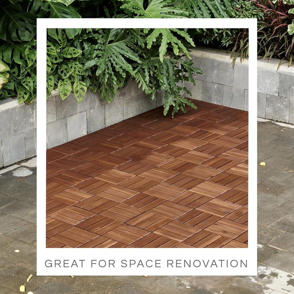 Premium Deck Tiles, Patio Flooring - Set 10 Pcs 12”x12”x0.9” Interlocking Deck Tiles, Waterproof Acacia Wood for