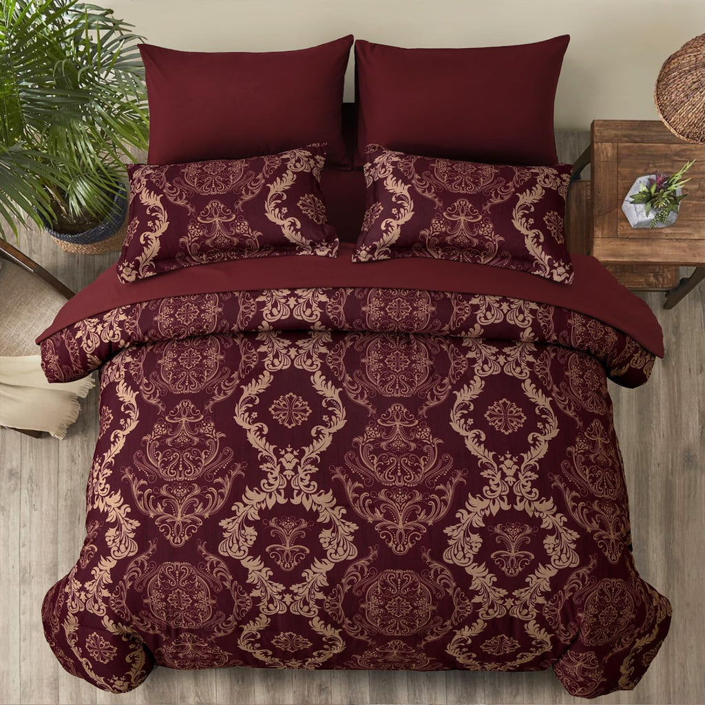 Burgundy Comforter Set Full Size, Maroon Damask Texture 7 Pieces Bed in a Bag Microfiber Comforter Bedding Sets -1
