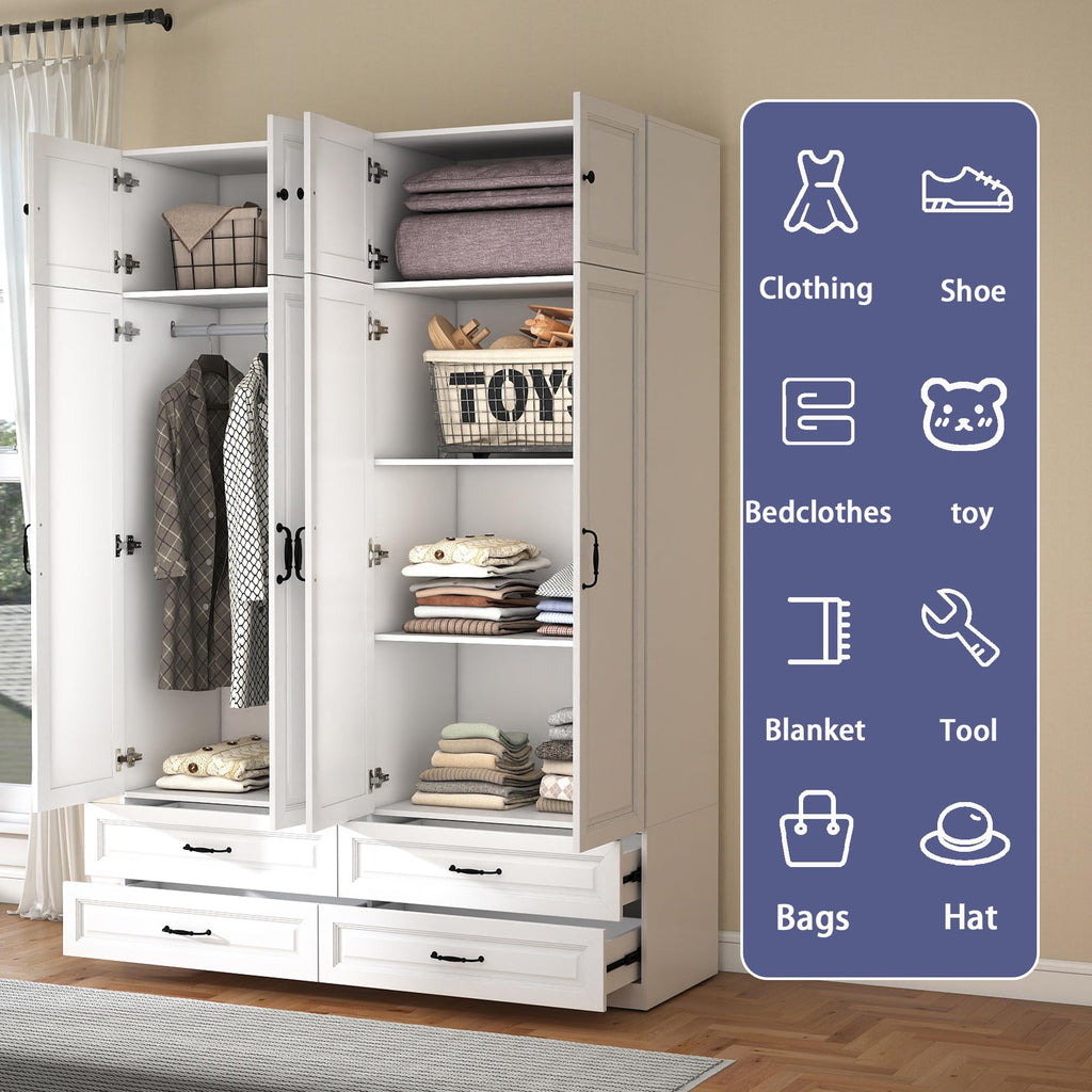 White Armoire Wardrobe Closet with 4 Drawers, 88" Tall x 63" Wide