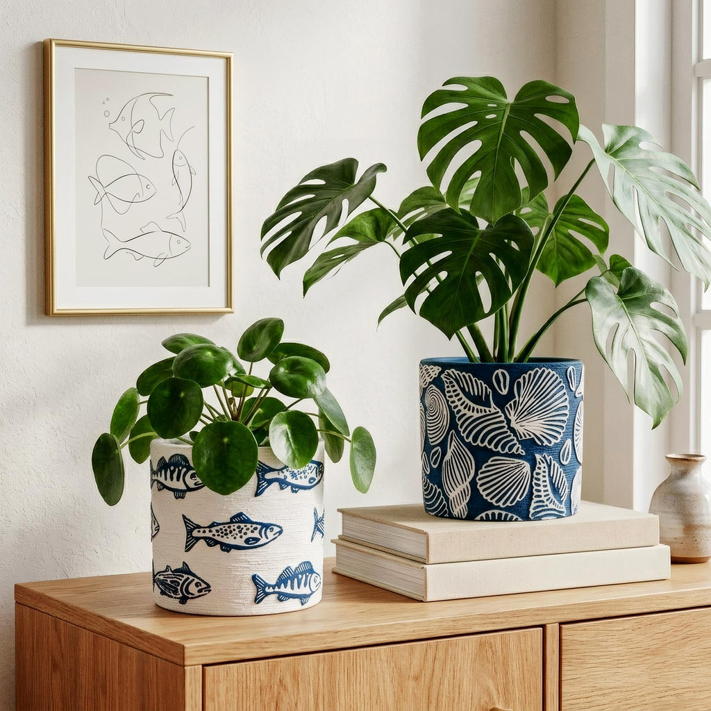 Ceramic Plant Pots, 5.5 Inch Planter Pot with Drainage Hole, Shell Fish Patterns Ceramic Planters Flower Pot for