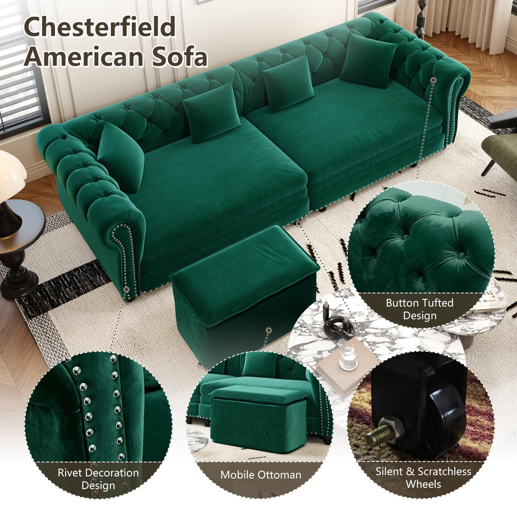 89'' Pull Out Couch King, Velvet Chesterfield Sleeper Sofa Bed, Green