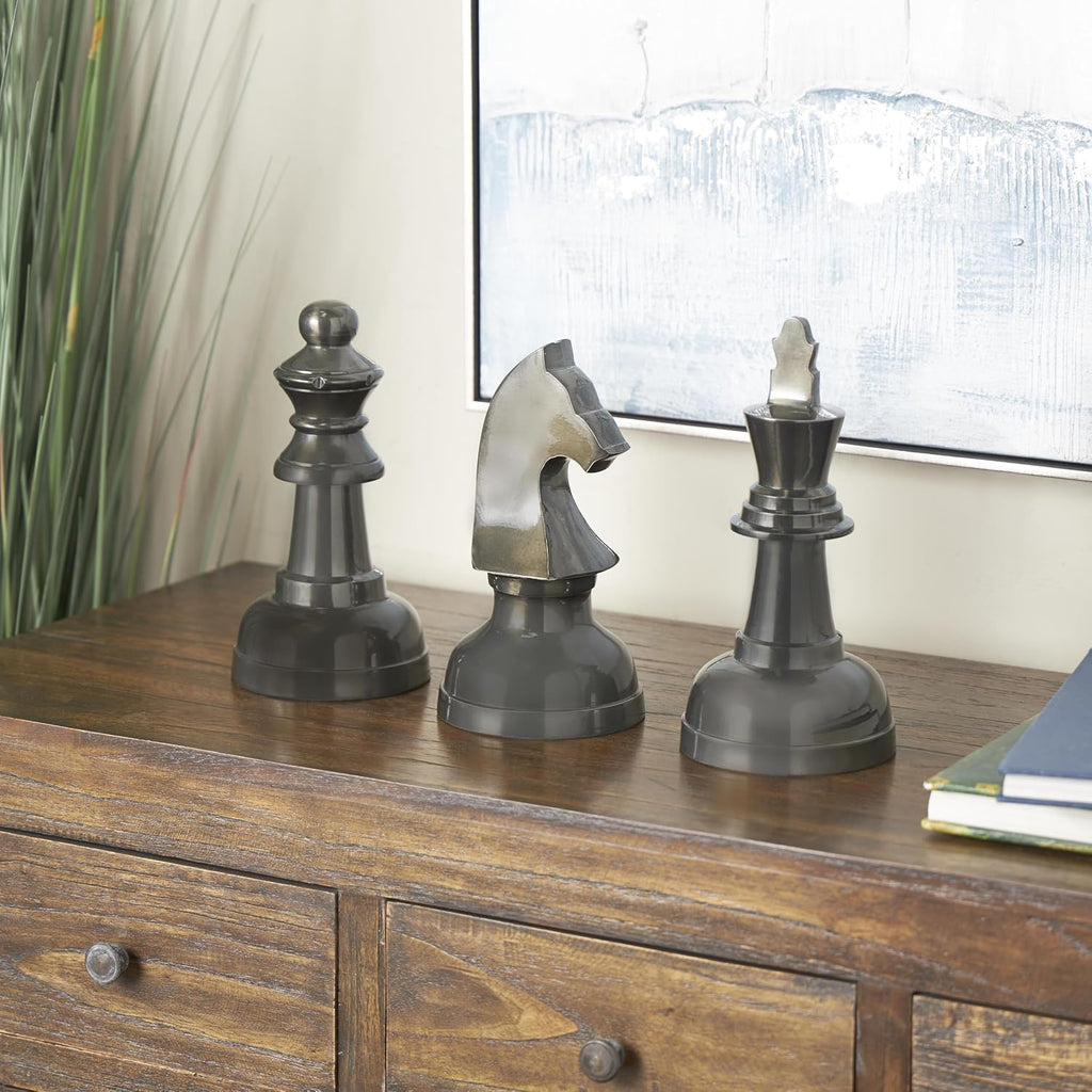 Aluminum Metal Chess Decorative Sculpture Home Decor Statues with Knight, Queen and King Accent Figurines - Set of 3