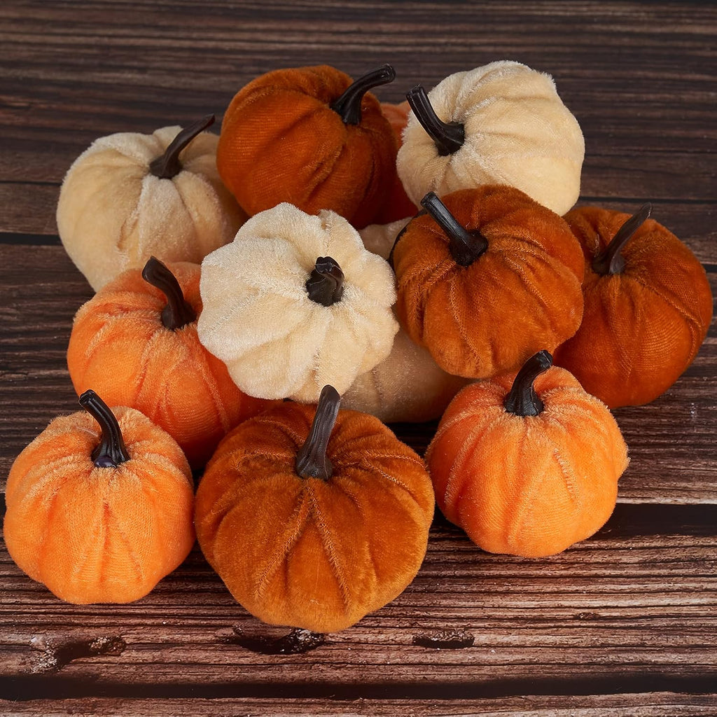 Pumpkin Decor Artificial Velvet Fall Thanksgiving Decoration - Set of 12