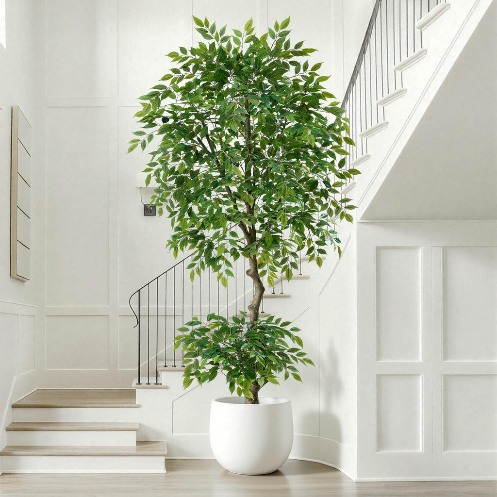 7ft Tall Ficus Artificial Trees with Double-Layered Canopy, Large Fake Floor Tree with Natural Curved Trunk, Lush