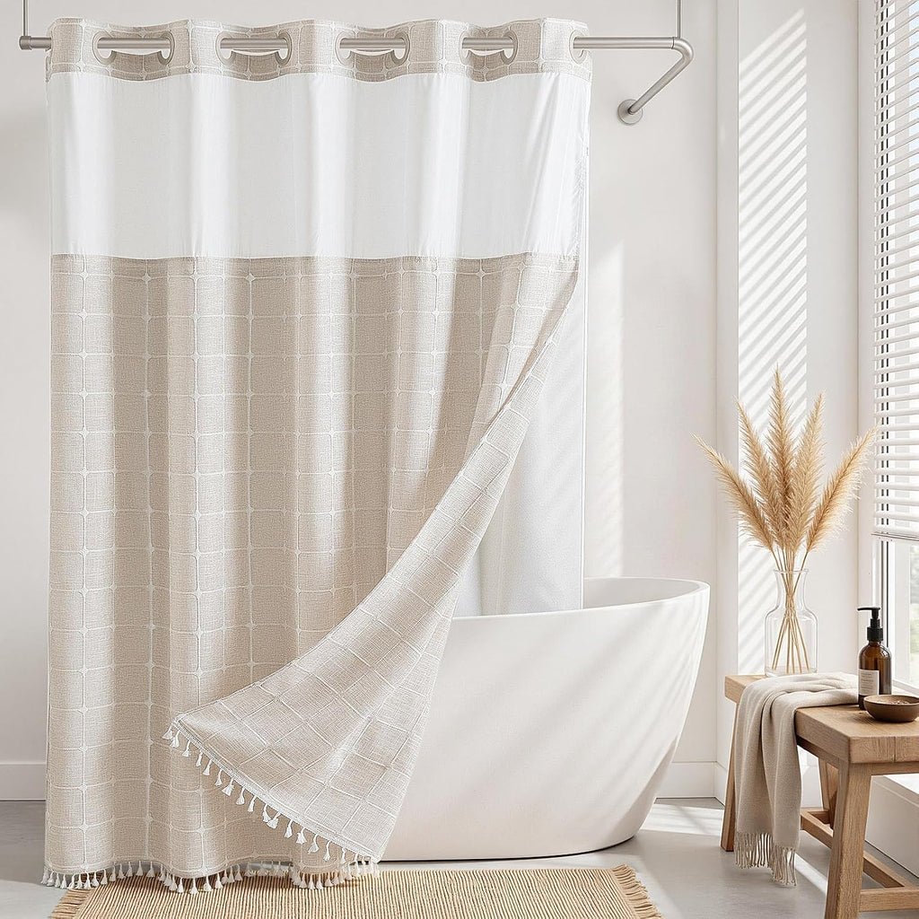 Farmhouse Linen Textured Shower Curtain with Snap-in Liner Set, No Hooks Needed, with Tassels for Rustic Bathroom