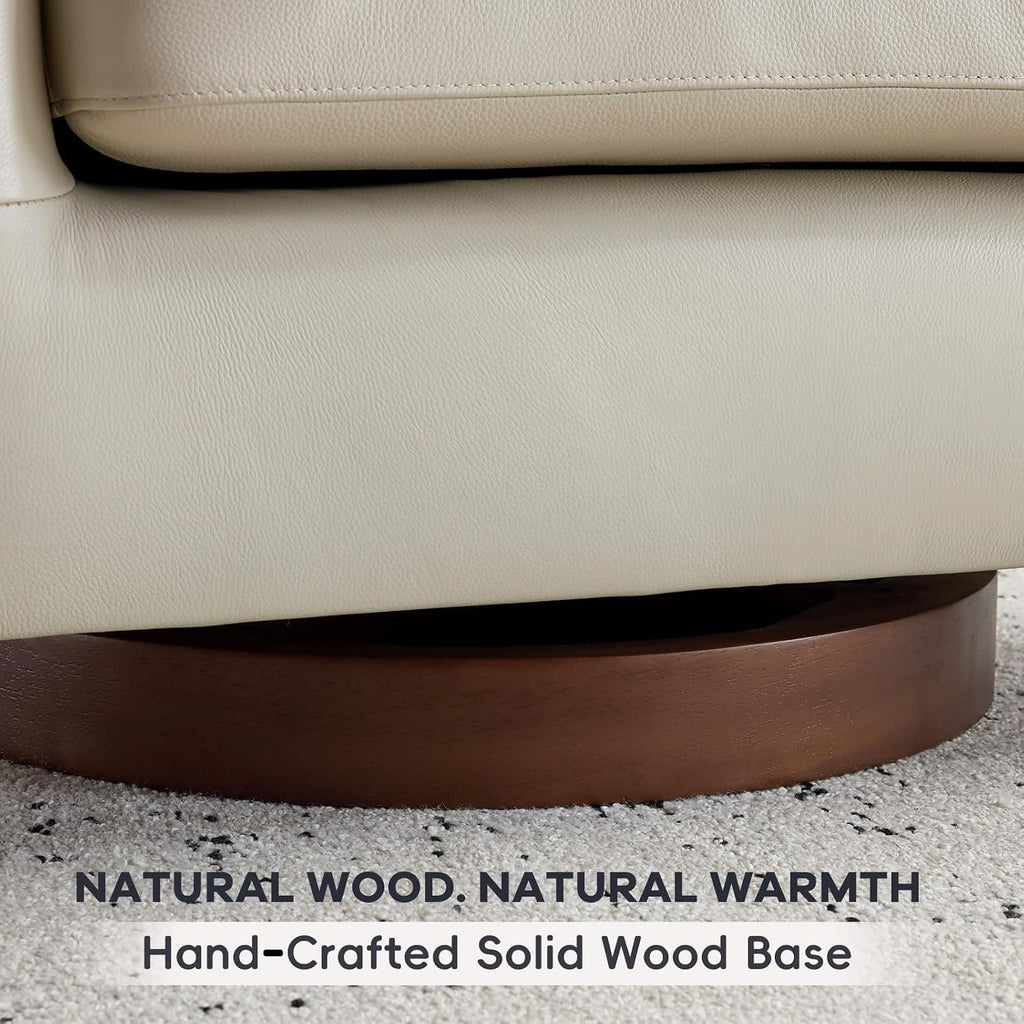 Genuine Leather Swivel Accent Chair, Barrel Chair, Soft Greige