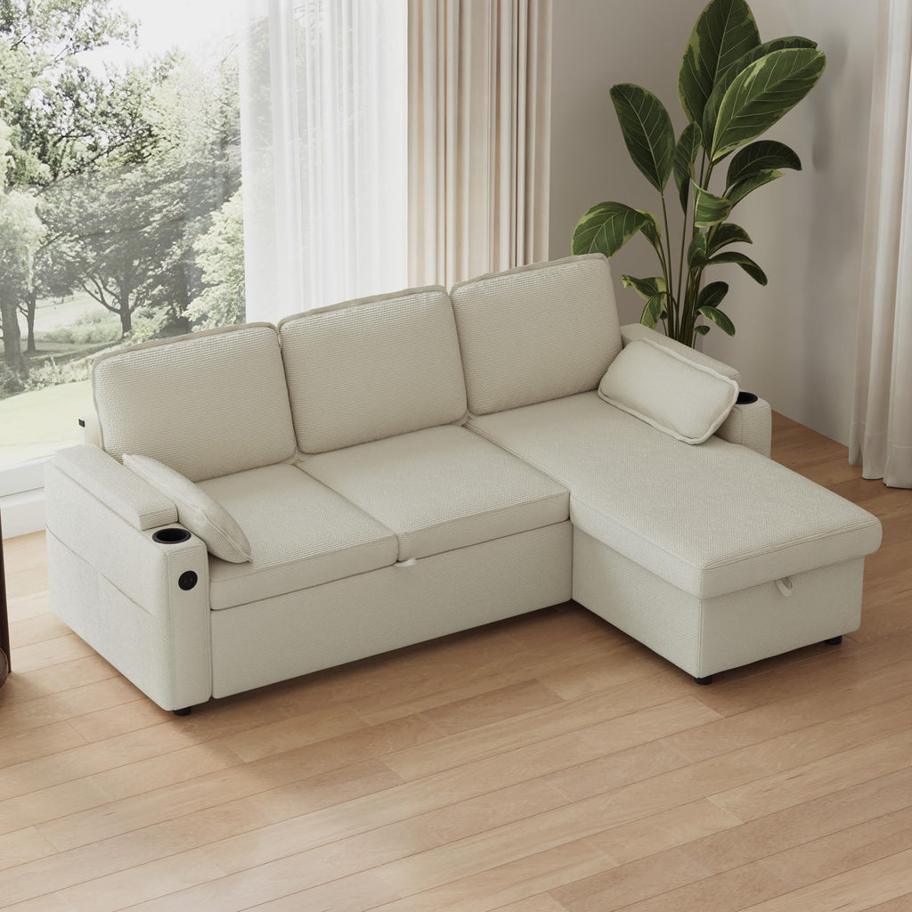 80" Sofa Bed Pull Out L Shaped Couch with Storage Chaise, Beige White
