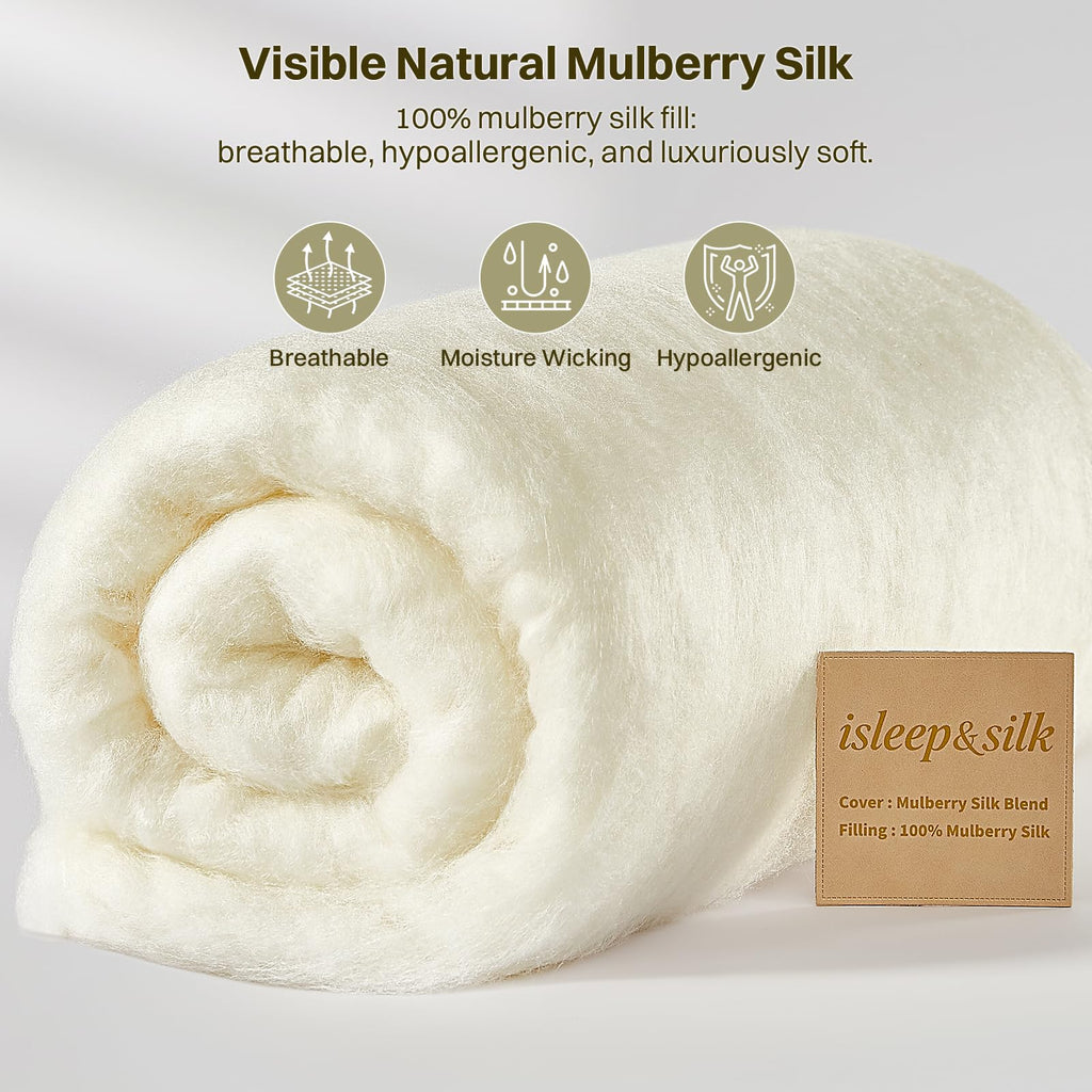 Silk Comforter Set 4 Pieces, All-Season 100% Silk Filled Comforter with Detachable Duvet Cover, Moisture-Wicking