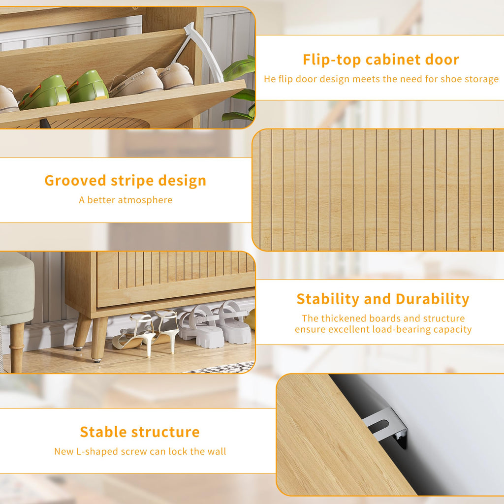 Shoe Storage Cabinet with 2 Fluted Flip Drawers, Oak