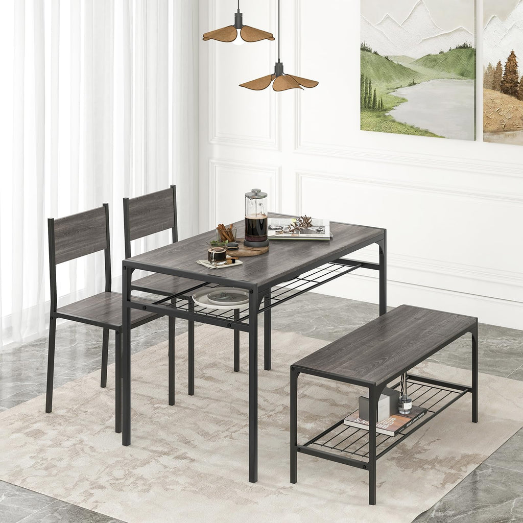 Dining Table Set for 4, Kitchen Table with Chairs & Bench, Storage Racks, Metal Frame, 4-Piece Space-Saving Dinette
