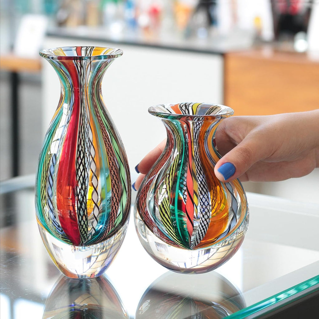 Murano Style Glass Vases Hand Blown Colored Canes Boho Effect Home Decor - Set of 2