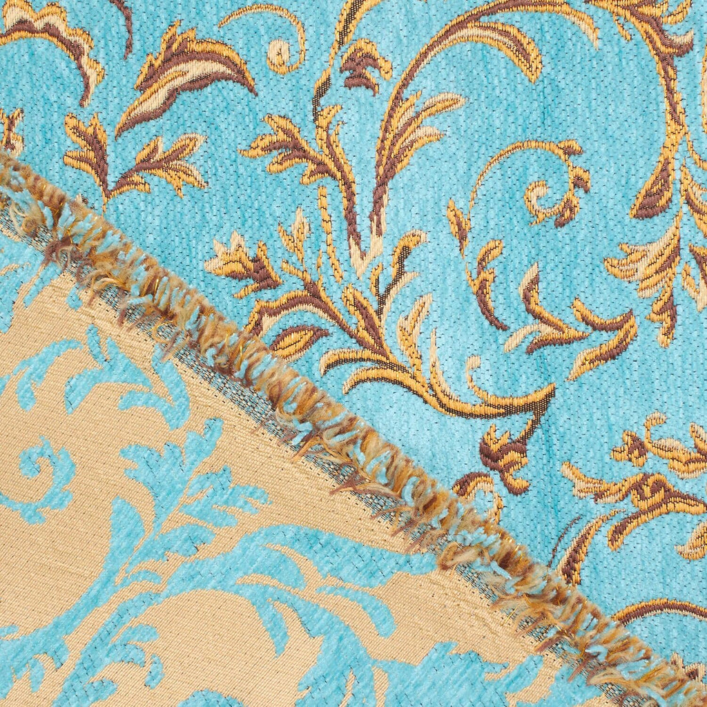 Floral Scroll Metallic Chenille 57" Heavyweight Upholstery Jacquard Polyester Fabric by The Yard (Turquoise/Gold, 1