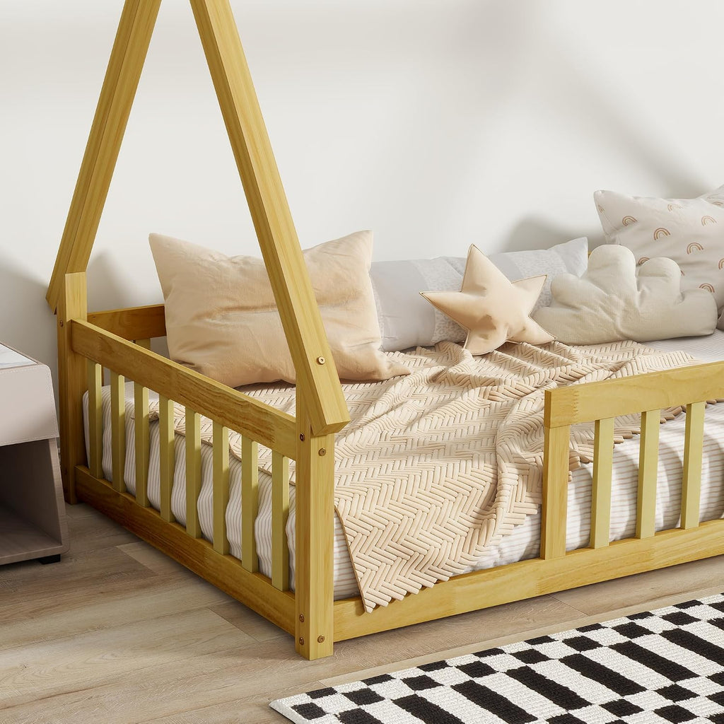 Twin Size Floor BedFrame for Kids, Wooden Montessori Floor Beds, Tw Bed for Kids Girls Boys, Tent beds, Natural