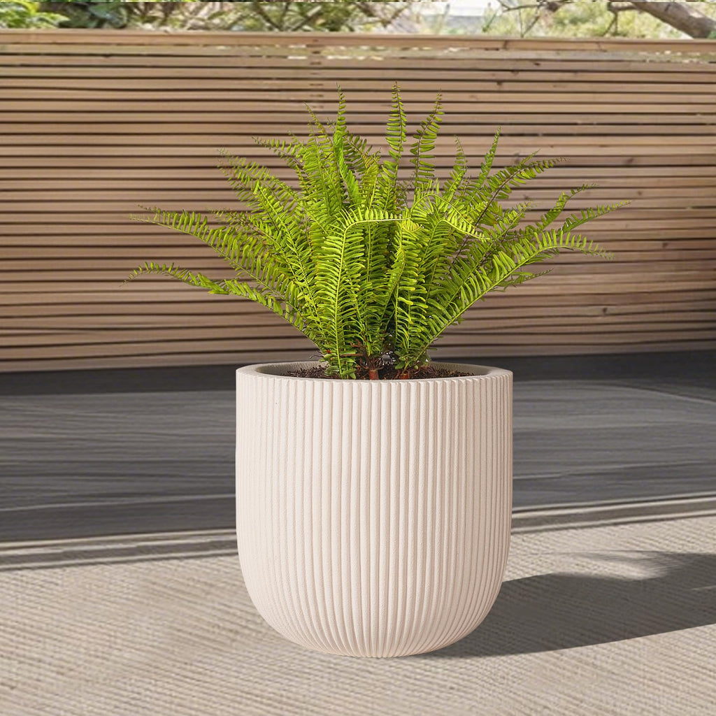 16" Pillar Fluted Outdoor Planter, Off-White, Modern Round Plant Pot