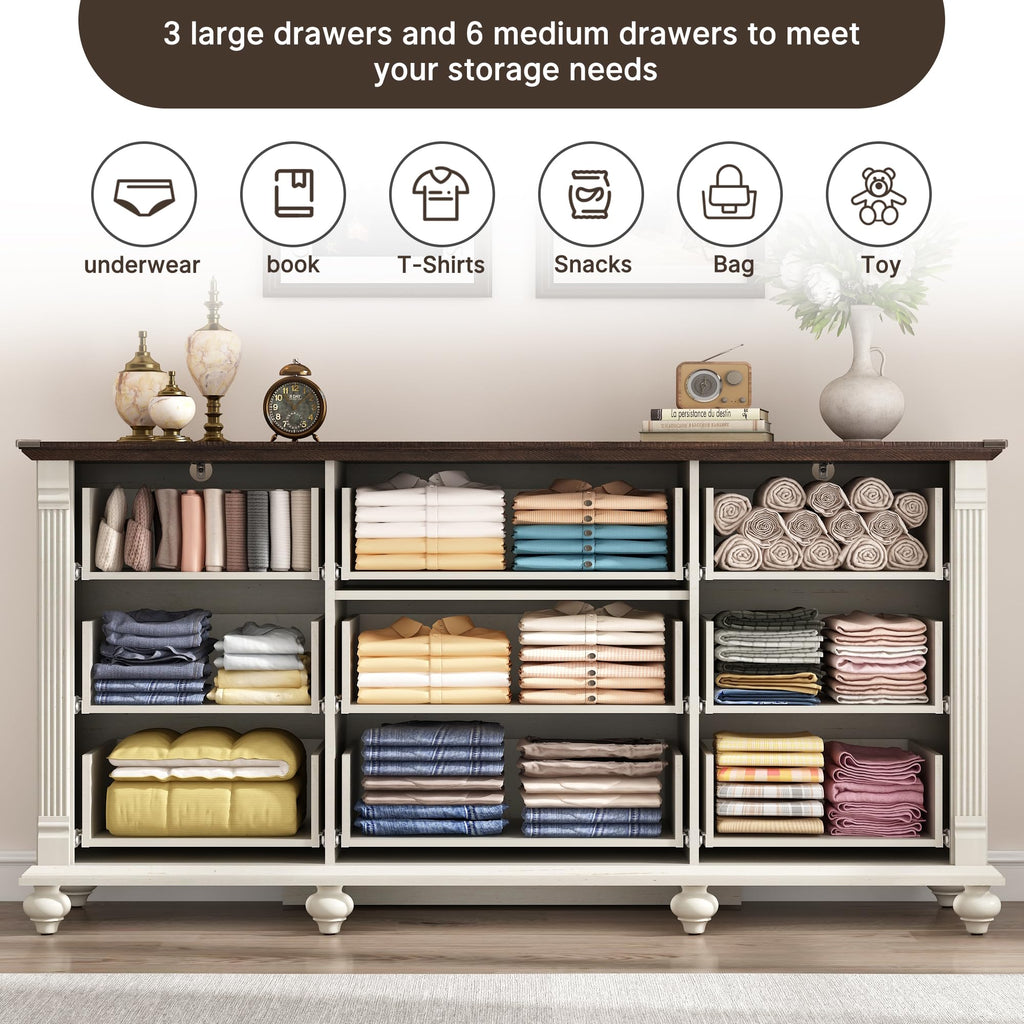 Farmhouse 9 Drawer with 6 Gourd Feet and Roman Column Decor, 63in Wide Wood Country Rustic Chest of Drawers, Storage