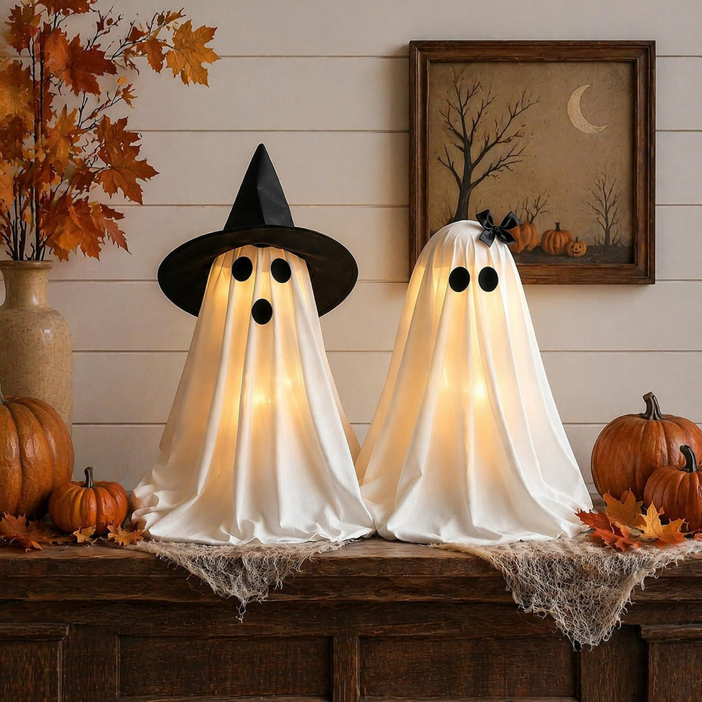 Halloween Decorations Light-Up Ghosts with Witch Hats, Indoor Ghost Decor - Set of 2