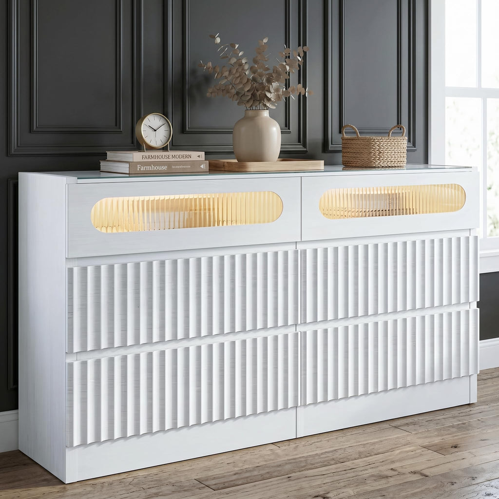 Fluted 6 Drawer Dresser, Modern Chest of Drawers, White Oak