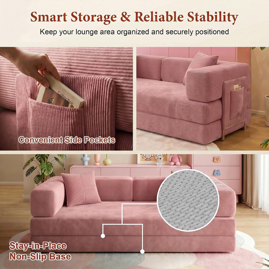 Convertible Futon Sofa Bed | 78.8" Corduroy Boneless Couch with Pull Out Sofa Bed, Comfy Futon Floor Couch with Side