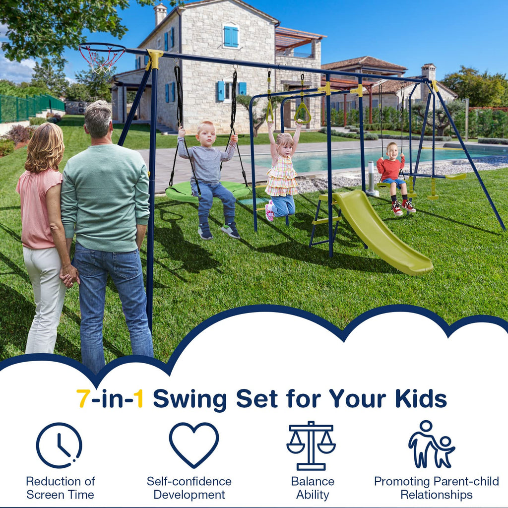 7-in-1 Swing Sets for Backyard, 660lbs Metal Playground Set w/Slide