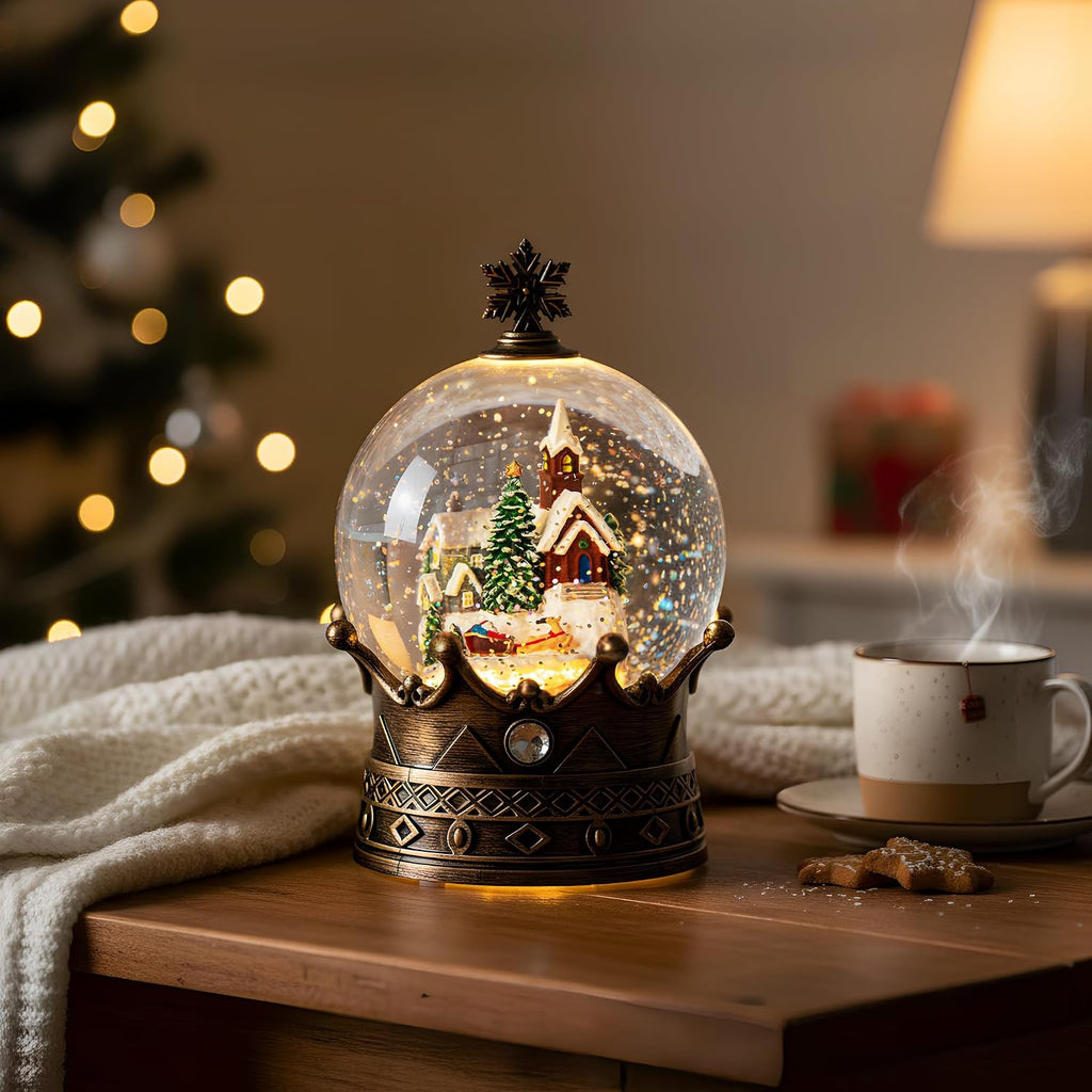 Christmas Snow Globe Lantern Water Glittering Village & Santa Crown with Music, USB Lined/Battery Operated Lighted