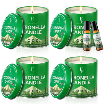 Citronella Candles Outdoor, Indoor Lemongrass Scented Candles with Citronella Essential Oil Roll On, Natural Soy Wax