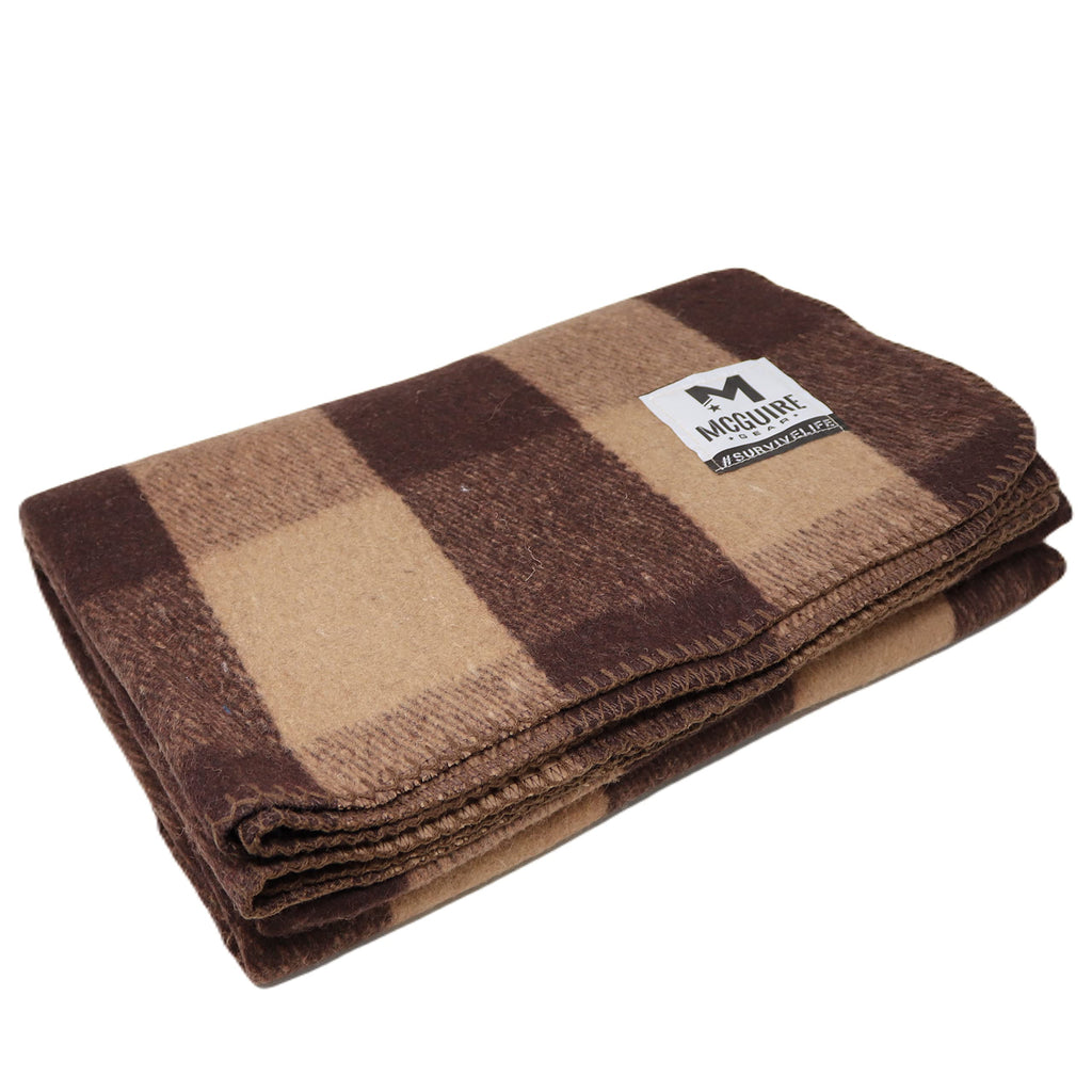 Warm Wool Bunkhouse Plaid Blanket for Camping, Home, Survival, or First Aid, 64" x 90" (Light Brown/Brown)