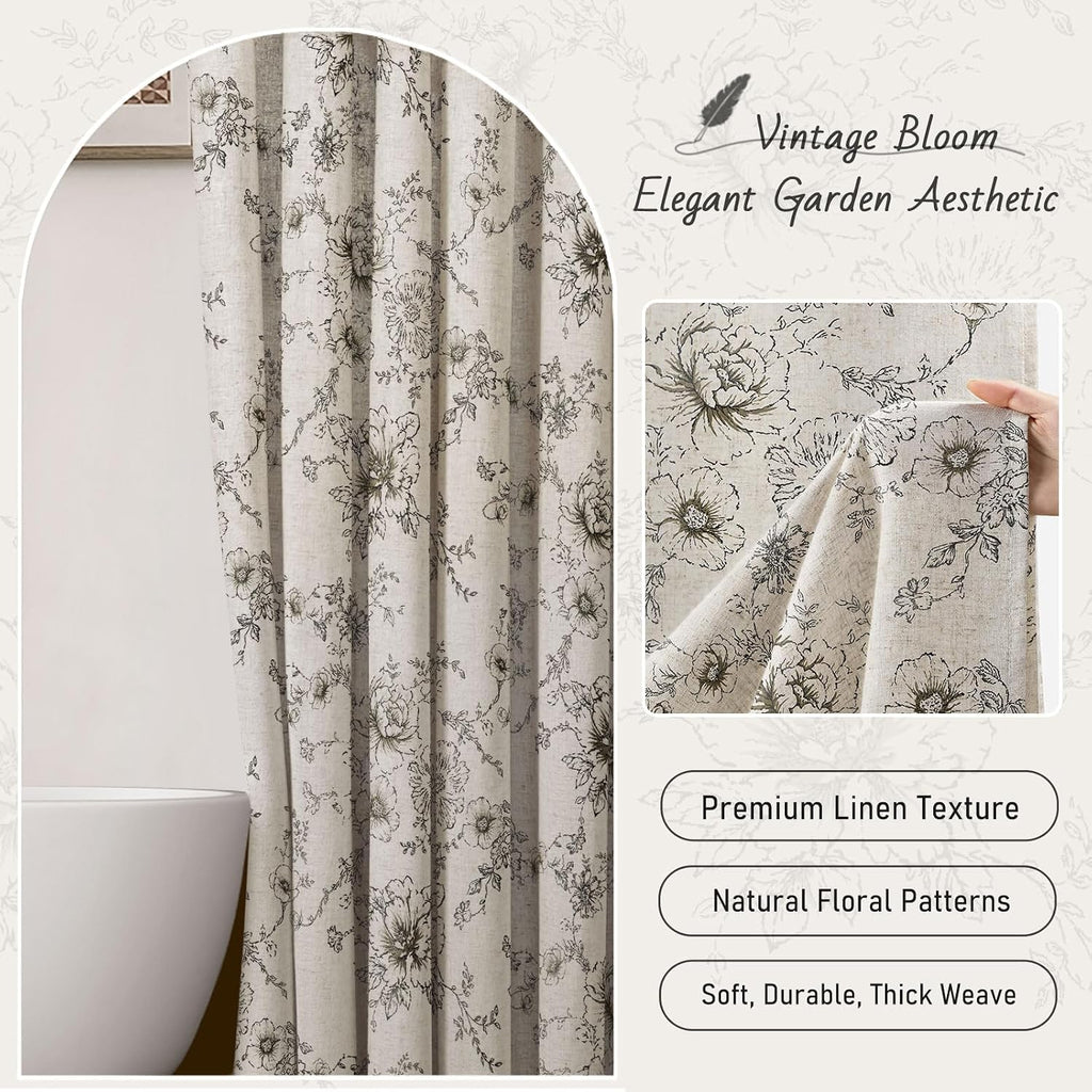 Farmhouse Floral Vintage Shower Curtain, Black Linen Pattern Shower Curtains , Tan Taupe,72x72