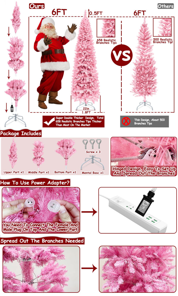 6Ft Prelit Artificial Slim Pink Christmas Tree, 240 LED Warm Lights