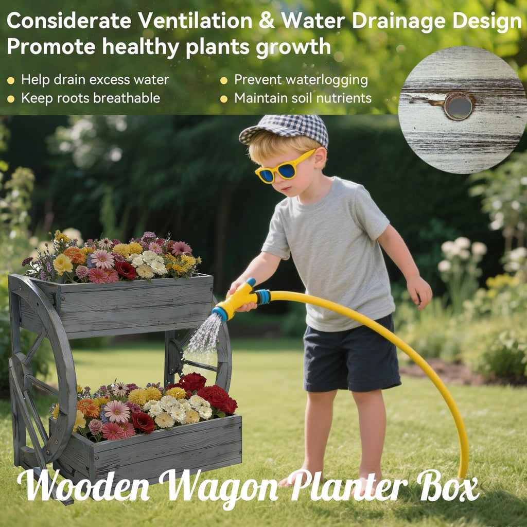 Wooden Wagon Planter Box|Rustic Planter Use On Indoor&Outdoor